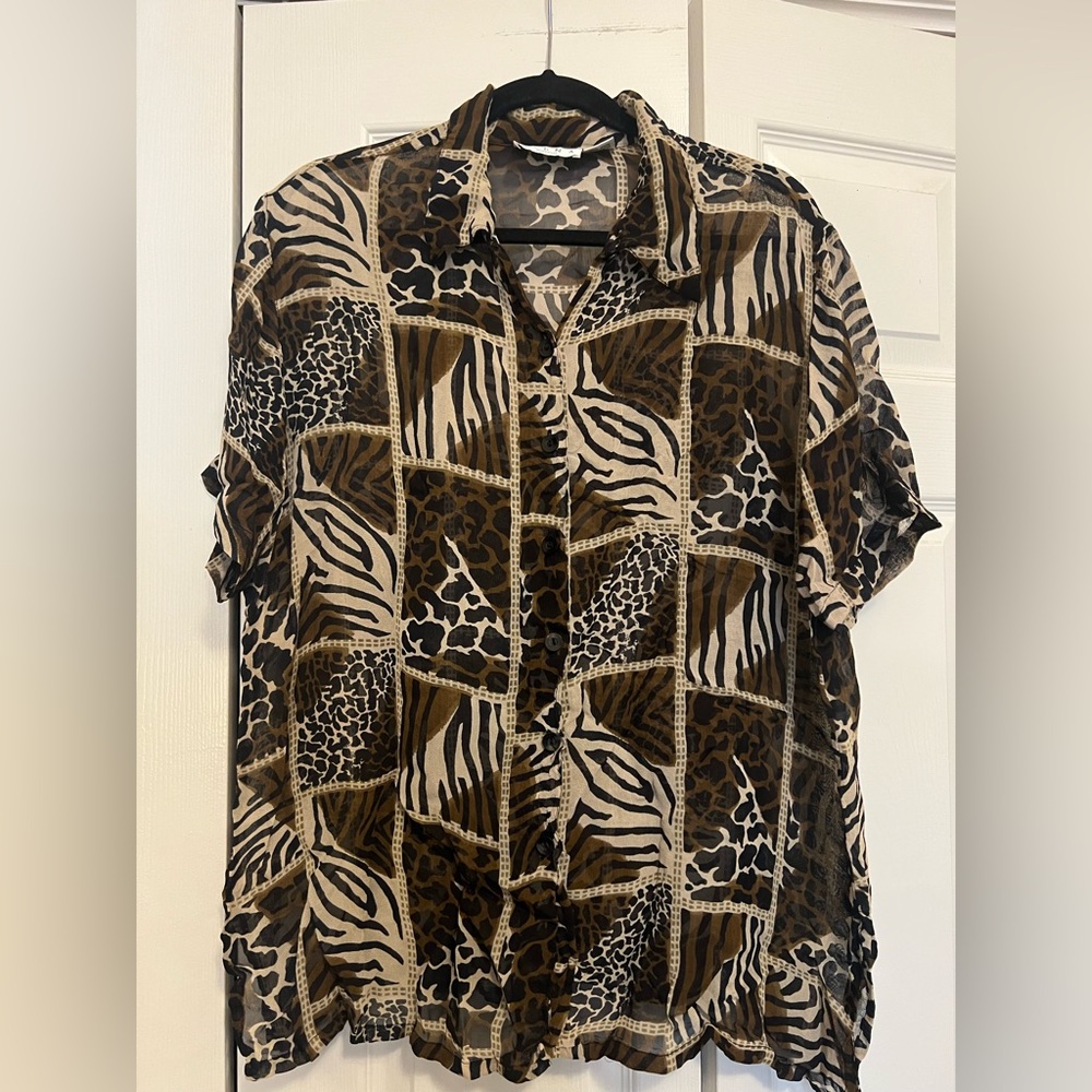 ERENA Patchwork Leopard Print Blouse Sheer Y2K Mesh Button Down Top 1X Plus